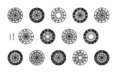 Different clock dials with openwork decor and hands. Black watch faces with Roman numerals, isolated on a white background. Vector set of decorative elements for chipboard, laser and plotter cutting