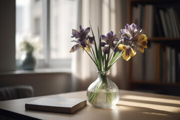  a vase of flowers sitting on a table next to a book and eyeglasses on a table in front of a window with a book.  generative ai