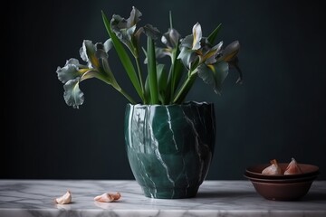  a green vase with flowers in it next to a bowl of garlic on a marble countertop with a black background behind it and a bowl of garlic on the side.  generative ai