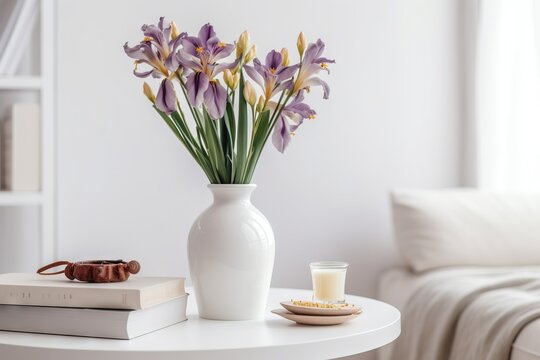  a white vase filled with purple flowers on a table next to a candle and a book on a white tablecloth covered table with a white couch.  generative ai