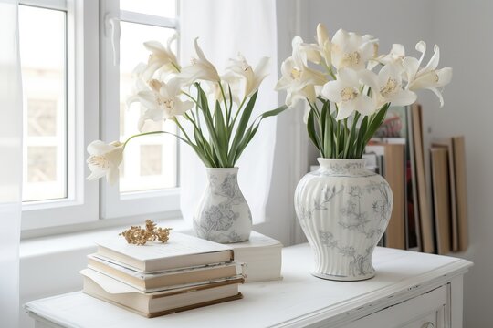  two vases with white flowers on a table next to a stack of books and a book on a table next to a window sill.  generative ai