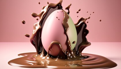 Obraz na płótnie Canvas chocolate easter eggs, melting chocolate, chocolate splashes, generative AI