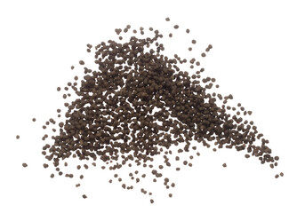 Fertilizer brown chemical accelerate growth fly fall explosion, many tiny ball fertilizer for planting float throw in mid air. White background isolated high speed freeze motion