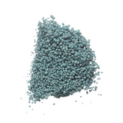 Fertilizer blue chemical accelerate growth fly fall explosion, many tiny ball fertilizer for planting float throw in mid air. White background isolated high speed freeze motion