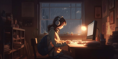 Cool Lofi Girl studying at her desk. Rainy or cloudy outside, beautiful chill, atmospheric wallpaper. 4K streaming background. lo-fi, hip-hop style. Anime manga style. Generative ai. - obrazy, fototapety, plakaty