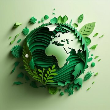 abstract background world environment and Earth day concept with green globe, eco world environment day, light, plants and flowers, paper art and craft style concept. 
Created using generative AI.
