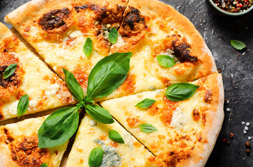 Four Cheese Pizza on Dark Background, Freshly Baked Pizza