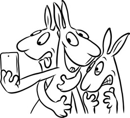 Cartoon illustration einer Gruppe jugendlicher Hasen, die bei einem Selfie vor der Smartphone Kamera alberne Grimassen machen