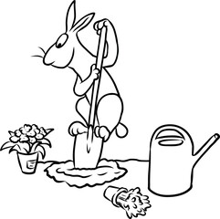 Cartoon Illustration von einem niedlichen Hasen mit Spaten und Gießkanne beim gärtnern, graben und pflanzen während der Gartenarbeit im Frühling