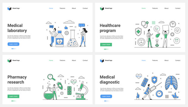 Medical Laboratory Diagnostics And Healthcare Insurance Program, Pharmacological And Medicine Research Set Vector Illustration. Cartoon Tiny Patients Visit Doctors For Care Health And Treatment