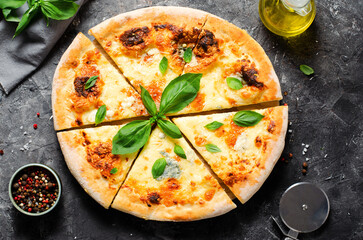 Four Cheese Pizza on Dark Background, Freshly Baked Pizza