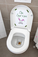 funny easter image drawing and words with bunny and colorful pellet poops in the toilet