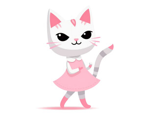 Cute cartoon cat in pink dress. Vector illustration isolated on white background.