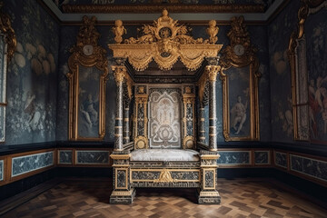 Fototapeta na wymiar Empty royal throne in dark castle hall. Fantasy medieval throne for king. Created with Generative AI