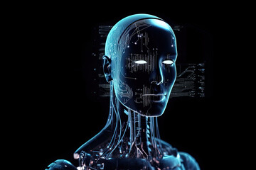 Visualizatipon of human consciousness in artificial intelligence, process of thinking robot. Humanoid android on dark background with neurals connection. Created with Generative AI