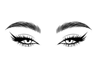 Vector Hand drawn beautiful female eyes with long black eyelashes and brows close up. - 588319761