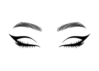 Vector Hand drawn beautiful female eyes with long black eyelashes and brows close up. - 588319950