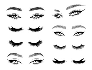 Vector set beautiful female eyes with long black eyelashes and brows close up. - 588320102