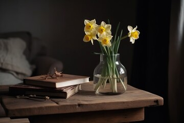  a vase of daffodils sits on a table next to a book and a book on a chair in a dark lit room.  generative ai