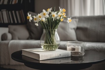  a glass vase filled with yellow and white flowers on top of a table next to a book on a coffee table next to a couch.  generative ai
