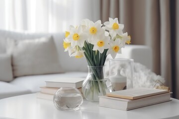  a vase of daffodils sits on a table next to a book and a glass vase of flowers on a coffee table in a living room.  generative ai