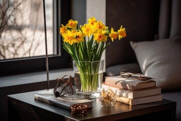  a glass vase filled with yellow flowers on top of a table next to a book and eyeglasses on top of a coffee table.  generative ai