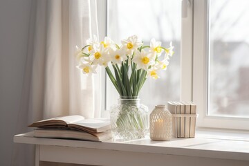  a vase of daffodils on a window sill with a book and candle on a table in front of a window sill.  generative ai