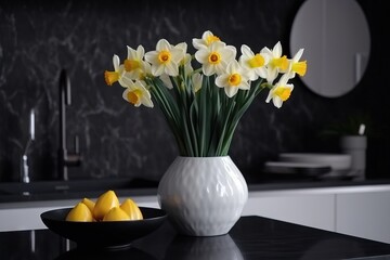  a white vase filled with yellow flowers next to a bowl of fruit on a counter top next to a sink and a black counter top.  generative ai