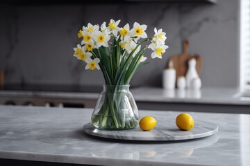  a glass vase filled with yellow and white flowers on top of a counter next to lemons and a cutting board with a knife on it.  generative ai