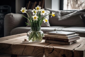  a glass vase filled with yellow and white flowers sitting on a table next to a book on a wooden slab of wood with a sofa in the background.  generative ai