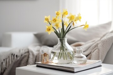  a glass vase with yellow flowers on a table in front of a couch with a blanket on the back of the couch and a book on the table.  generative ai