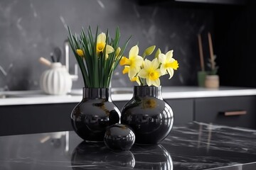  two black vases with yellow flowers in them on a countertop in a kitchen with a marble countertop and a black countertop.  generative ai