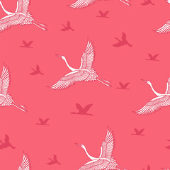 Crane Birds in Pink Flying Vector Seamless Pattern