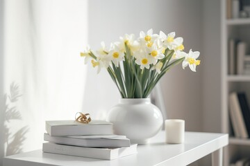  a white vase filled with yellow flowers on top of a white table next to a stack of books and a candle on top of a white table.  generative ai