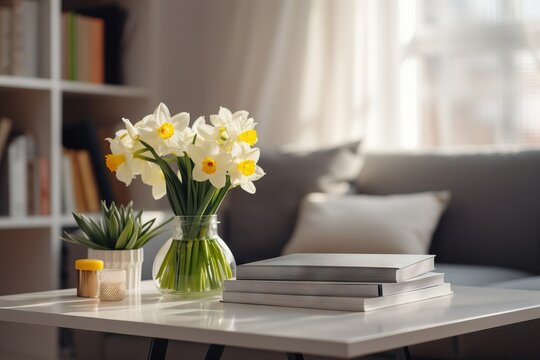 a vase of daffodils on a table in front of a couch with a bookcase in the background and a coffee table with a book.  generative ai