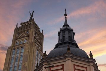 Various photos of madrid streets with colorful buildings and sky