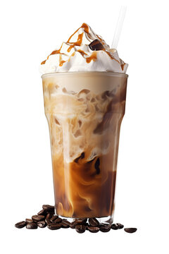 Coffe frappe wit cream and  straw on cutout PNG transparent background. Generative AI