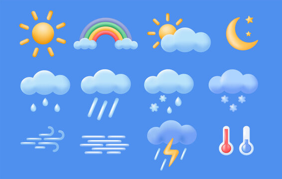 3d meteorology, weather or forecast icons set on blue background. Sun, moon, rainbow, clouds, wind, fog, rain and snow. Vector illustrations for mobile app or website.