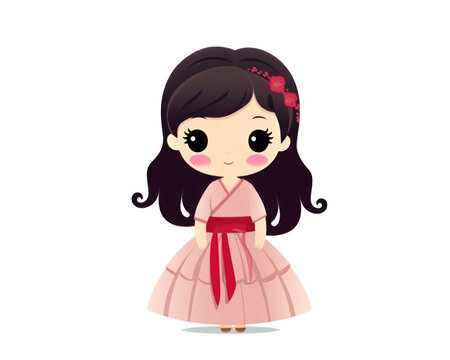 Cute cartoon girl in a dress isolated on white background. Vector illustration.