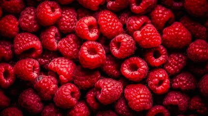 Texture with lots of ripe raspberries. Background design with fresh red berries. Generative AI.