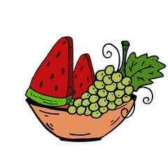 Watermelon, grapes on plate Isolated doodle vector illustration. Concept of summer, fruits healthy.