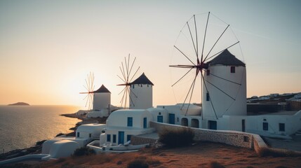 windmills of Mykonos island - Generated by Generative AI - obrazy, fototapety, plakaty