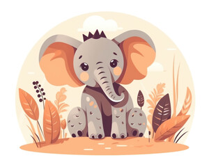 Cute baby elephant in jungle. Vector illustration in cartoon style.