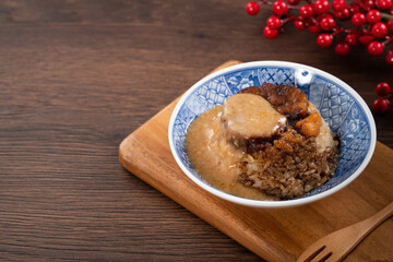 Migao, tube rice cake, rice pudding in a bowl, delicious Taiwanese street food.