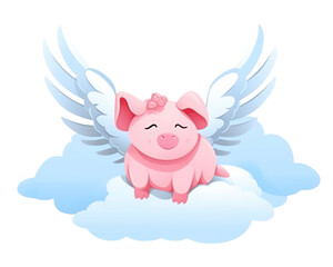 Cute pink pig with wings on clouds. Vector illustration.