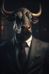 Conceptual portrait of a strong and successful bull, dressed in a businessman suit. Bull market concept. Illustration. Generative AI