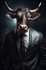 Conceptual portrait of a strong and successful bull, dressed in a businessman suit. Bull market concept. Illustration. Generative AI