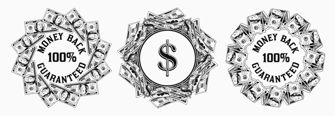 Set of monochrome circular money frames with US dollar bills, copy space, dollar sign. Logo, emblem, badge for advertisement, sale, offer, discount, winner award. White background.