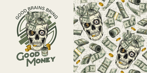 Pattern, label with skull, cash money,100 dollar bills, gold coins. Skull without top like cup, bowl, vase. Textured white background. For prints, clothing, t shirt, surface design. Concept Make Money