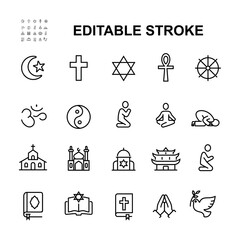 Fototapeta premium Simple Set of Religion Related Vector Line Icons. Contains icons such as places of worship, religious symbols, worship. Editable Strokes.